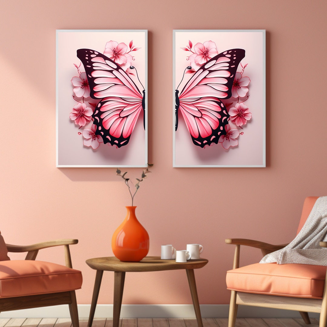 Diptych Art Split Butterfly Wall Art Pink Butterfly Split Etsy