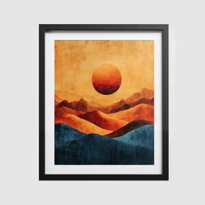 Abstrakter Sonnenuntergang Berg Erschwingliche Wandkunst Warmer Erdton Landschaftsposter Moderne Boho-Natur inspiriert digitaler Download für Wohnkultur