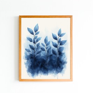 Blue Botanical Watercolor Affordable Wall Art Print, Digital Flower Leaves Illustration for Minimal Nature-Inspired Home Decor, Living Room