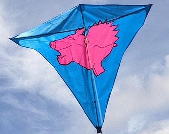 Flying Pig Kite from Morgan Kites. This pig flies with style. A beautifully handcrafted quality kite. Great gift for outdoor fun.