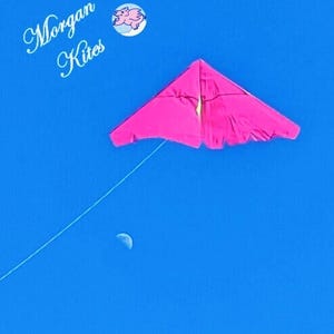 May include: A bright pink triangular kite flying against a clear blue sky. The kite is attached to a thin white string. Near the top left, the text Morgan Kites appears in white script next to a small circular logo featuring a pink flying pig.