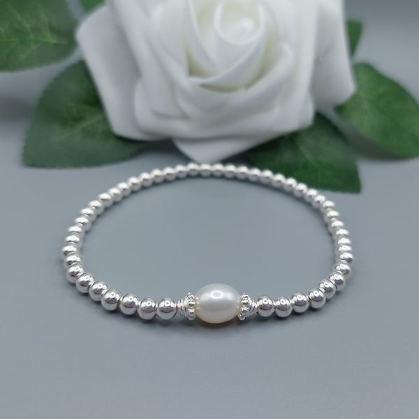 Sterling Silver & Freshwater Pearl Stretch Stacking Bracelet, Sterling Silver Dainty Jewellery