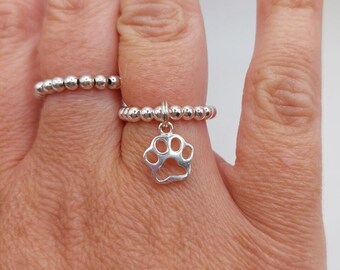 Sterling Silver Paw Charm Ring: Beaded Stretch Stacking Ring