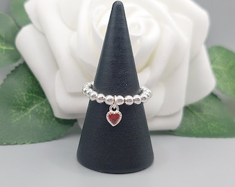Red Heart Charm Ring, Stretch Ring, Sterling Silver - adjustable and comfortable!