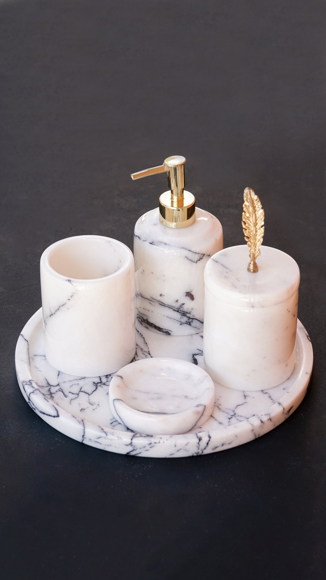 5piece White Marble Bathroom Set, Elegant Bathroom Ensemble, Natural