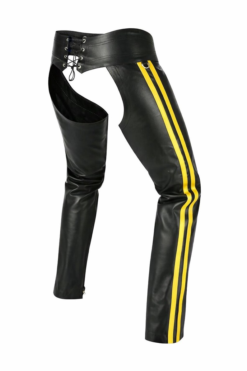May include: Black leather chaps with yellow racing stripes. The chaps feature a lace-up back and a cutout design. The legs have a zipper at the bottom.