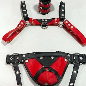 Puede incluir: Un conjunto de sujeciones de cuero rojo y negro, que incluye un arnés, esposas y un estilo tanga. Los artículos presentan herrajes plateados y un esquema de color contrastante y audaz.