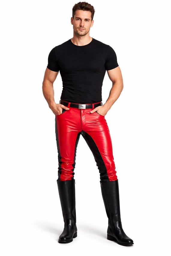 Men's Leather Pant- Genuine Red & Black Leather Adult Trousers | 2 Tone Straps Style