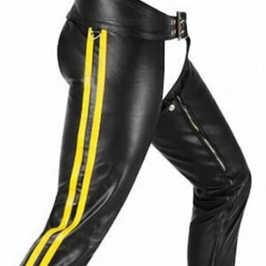 May include: Black leather chaps with two vertical yellow stripes on the side of the leg. The chaps have a belt with a silver buckle and a zipper on the side of the leg.