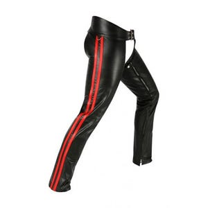 May include: Black leather chaps featuring two red stripes down each leg. The chaps have a belt with a silver buckle and a zip on the outer leg. Designed to be worn over trousers, these chaps are a bold fashion statement.