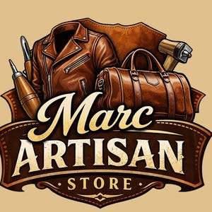 May include: Illustration of the "Marc Artisan Store" logo. The logo features a brown leather jacket, a leather duffel bag, and leatherworking tools. The text "Marc ARTISAN STORE" is displayed in a stylized font on a brown banner.