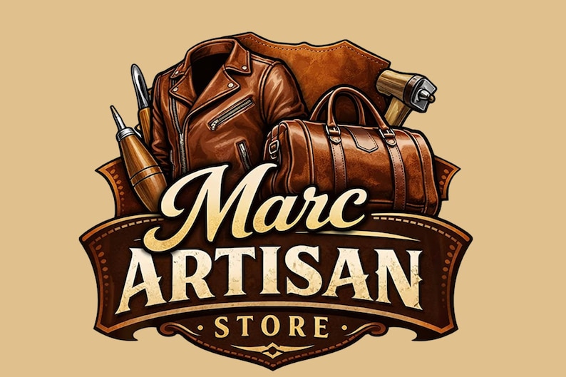 May include: Illustration of the "Marc Artisan Store" logo. The logo features a brown leather jacket, a leather duffel bag, and leatherworking tools. The text "Marc ARTISAN STORE" is displayed in a stylized font on a brown banner.