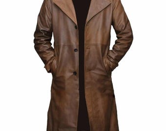 Men's Leather Long Coat- Genuine Cowhide Leather Trench Party Wear Dress