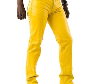 Men's Leather Pant- Genuine Yellow Leather Trousers | Biker Style Cowhide Pants