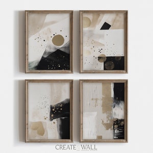 Nordic Wall Art Earth Tone Art Set of Four Abstract Painting Watercolor Print Set Black Beige Wall Art Calming Wall Art Modern Wall Art