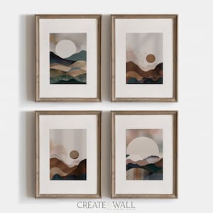 Mountain Art Emerald Green Art 4 Piece Japanese Minimal Art Calming Wall Art Nature Sage Green Art Trendy Wall Art Spiritual Wall Art