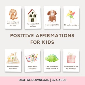May include: Set of 8 printable affirmation cards for kids featuring watercolor illustrations of a bunny, house, dog, pinwheel, tent, book, dinosaur, and gift box. Each card includes a positive affirmation for children.
