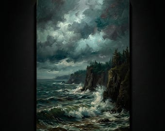 Moody Vintage Seascape Oil Painting, Dark Academia Ocean Wall Art, Muted Stormy Sea Print, Gothic Cottage Decor, Antique Cliff Landscape