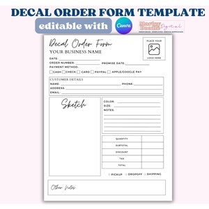 Editable Decal Order Form Template: Printable Fillable Form (8.5”x11”)