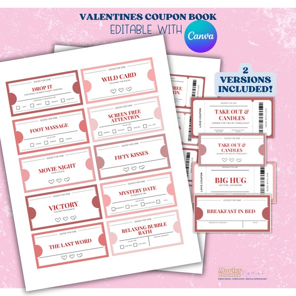 Printable and Editable Love Coupon Book, Valentines Coupons, Coupon Book Template for Him and Her