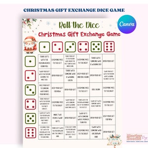 Rol de dobbelstenen cadeau-uitwisseling spel bewerkbare sjabloon, geheime kerstman, geef het cadeau-spel afdrukbaar door, vakantie cadeau ruilen