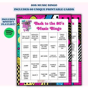Bingo musicale anni '80, 60 cartelle bingo stampabili, playlist musicale anni '80 inclusa con le 65 migliori canzoni anni '80 del decennio, giochi per feste di compleanno anni '80