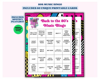 80s Music Bingo: 60 Printable Cards, 80s Party Game includes Spotify Playlist
