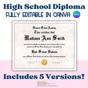 Plantilla editable de diploma de escuela secundaria con sello de oro, diploma imprimible, diploma de graduación, diploma personalizado, diploma personalizado