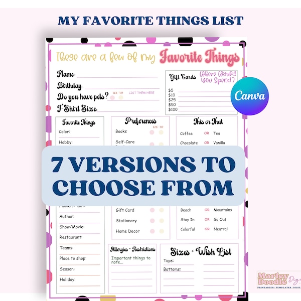 Editable My Favorite Things List, Employee Favorites List, Teacher Appreciation, Employee Favorite Things Survey,  Employee Wishlist