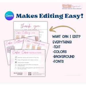 Printable cake care instructions card template with cutting guide and thank you card.