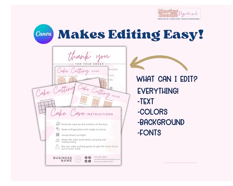 Printable cake care instructions card template with cutting guide and thank you card.
