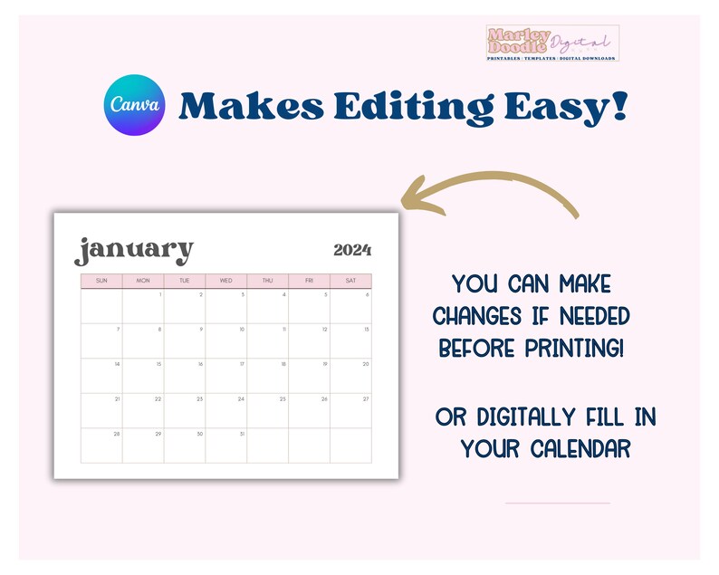Editable January 2024 Calendar Template, Canva Calendar Template