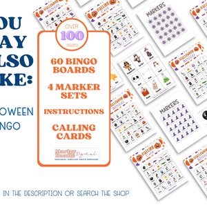 May include: Halloween Bingo game set with 60 bingo boards, 4 marker sets, instructions, and calling cards. The image shows multiple bingo cards with Halloween-themed illustrations, including pumpkins, bats, and witches. The text on the image says "You May Also Like: Halloween Bingo".