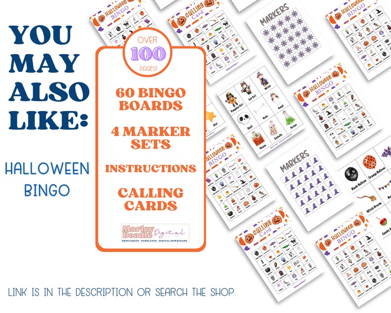 May include: Halloween Bingo game set with 60 bingo boards, 4 marker sets, instructions, and calling cards. The image shows multiple bingo cards with Halloween-themed illustrations, including pumpkins, bats, and witches. The text on the image says "You May Also Like: Halloween Bingo".