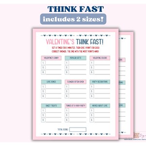 May include: A printable Valentine's Day game with a pink and blue color scheme. The game is called "Valentine's Think Fast!" and includes categories like "Valentine's Candy", "Popular Gifts", "Valentine Colors", "Love Songs", "Flowers Often Given", "Party Decorations", "Sweet Treats", "Tunes at a Vow Party", and "Movies About Love".