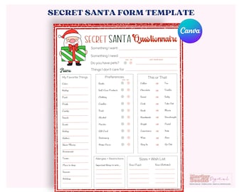 Könnte beinhalten: Eine druckbare Secret Santa-Fragebogenvorlage mit rotem und weißem Rand. Das Formular enthält Abschnitte für Präferenzen, Dinge, die dir egal sind, und eine Wunschliste. Das Formular enthält auch einen Abschnitt für Allergien und Einschränkungen. Das Formular ist mit einem Cartoon-Weihnachtsmann verziert, der ein Geschenk hält.