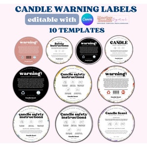Puede incluir: Diez plantillas de etiquetas de advertencia para velas imprimibles en varios diseños. Las plantillas presentan un diseño en blanco y negro con las palabras "warning!" e "instrucciones de seguridad para velas". Algunas plantillas presentan un diseño floral con un esquema de color rosa, blanco y verde.