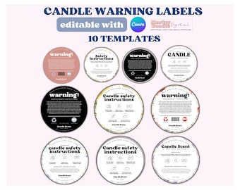 May include: Ten printable candle warning label templates in various designs. The templates feature a black and white design with the words "warning!" and "candle safety instructions". Some templates feature a floral design with a pink, white and green colour scheme.