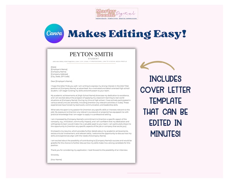 Editable cover letter for student CV.
