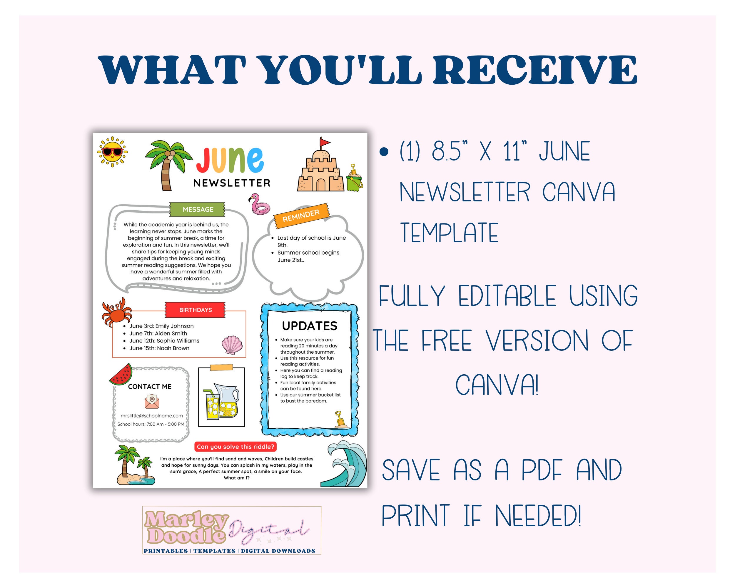 Summer Newsletter Design Example June Summer Newsletter Template: Editable Canva Design (digital ...