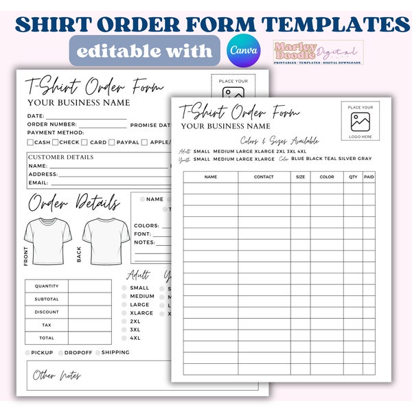 Editable Shirt Order Form Template, Printable Tshirt Order Forms, Fillable Order Form