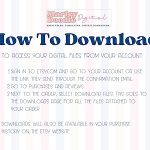 May include: A pink and white striped background with a blue text overlay that reads "Marley Doodle Digital" and "How To Download". The text explains how to access digital files from an Etsy account.
