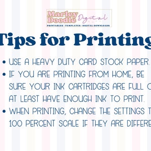 May include: A digital print titled "Tips for Printing" with a striped background. The text includes advice on paper type, ink cartridges, and scale settings. The Marley Doodle Digital logo is at the top.