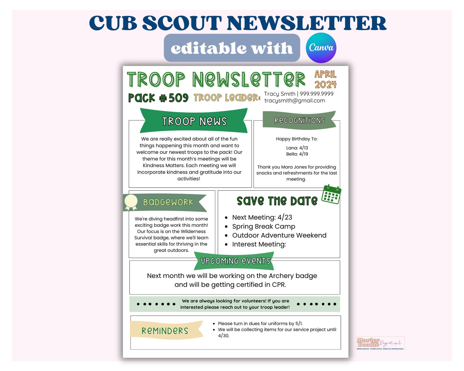 Cub Scout Editable Monthly Newsletter Template, Troop Leader Newsletter ...