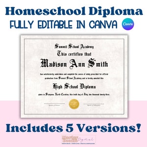 Homeschool Diploma with Gold Seal, Diploma Template, Graduation Diploma, Editable Diploma, Personalized Diploma