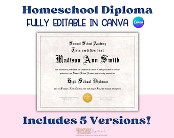 Homeschool Diploma with Gold Seal, Diploma Template, Graduation Diploma, Editable Diploma, Personalized Diploma