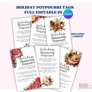 Puede incluir: Etiquetas de potpourri navideñas imprimibles con un diseño de acuarela que presenta piñas, palitos de canela y naranjas. Las etiquetas son editables en Canva e incluyen dos tamaños. El texto en las etiquetas dice "Potpourri navideño para hervir" e incluye instrucciones para usar el potpourri. Las etiquetas también incluyen el texto "Desde el hogar de: Anna Smith".