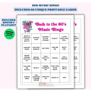 Bingo musicale anni '80, 60 cartelle bingo stampabili, Playlist musicale anni '80 inclusa con le 65 migliori canzoni anni '80 del decennio, Giochi per feste di compleanno anni '80,