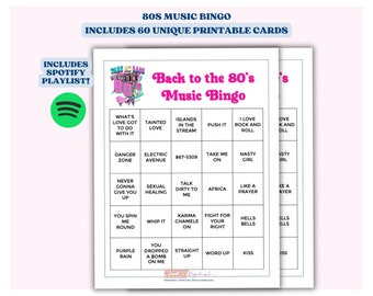 Bingo musicale anni '80: 60 carte stampabili, playlist Spotify (download digitale)