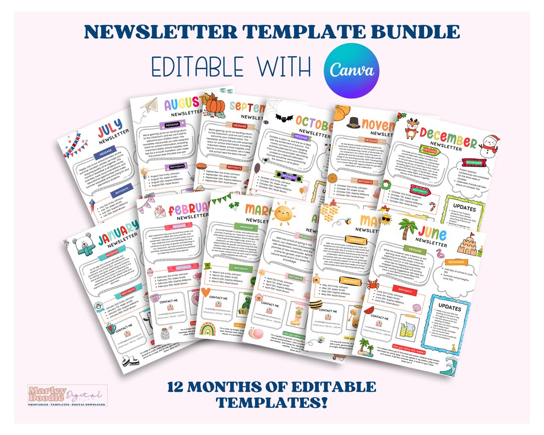 Newsletter Template Bundle, PTA Templates, 12 Months of School